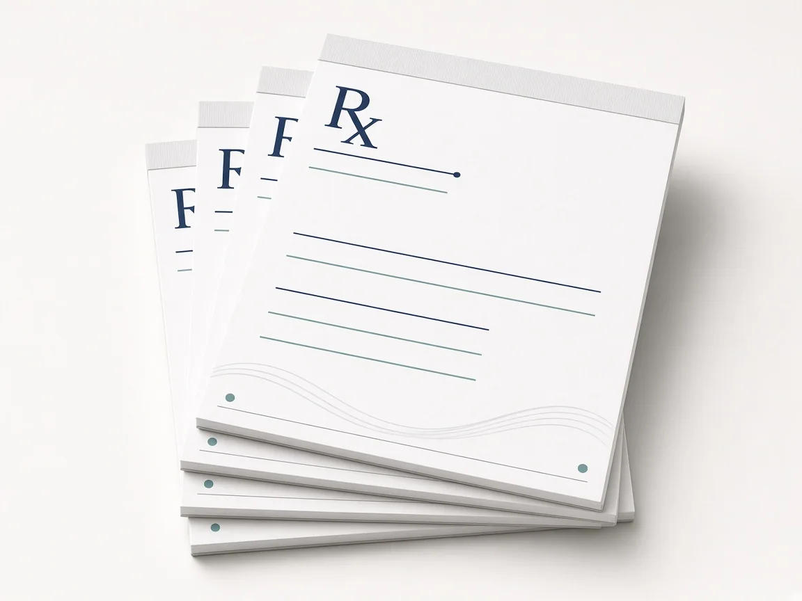 Five A5 prescription writing pads printed in full colour on 90 GSM bond paper