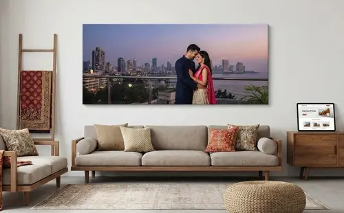 Couple canvas print displayed in a modern living room — premium personalised photo gift